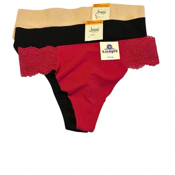 Jenni Red and Black Thong Panties with Lacy Edges - Picture 1 of 2